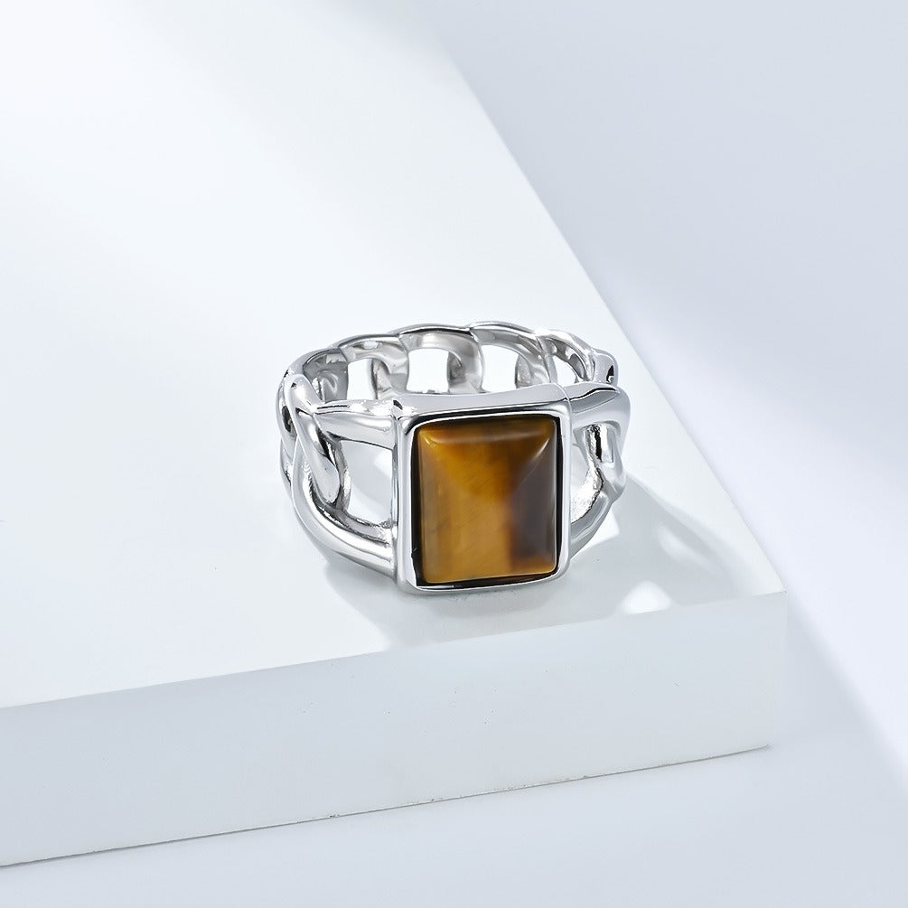 Kemstone Men’s Titanium Steel Cuban Chain Ring – Tiger Eye & Black Stone Jewelry K-R998