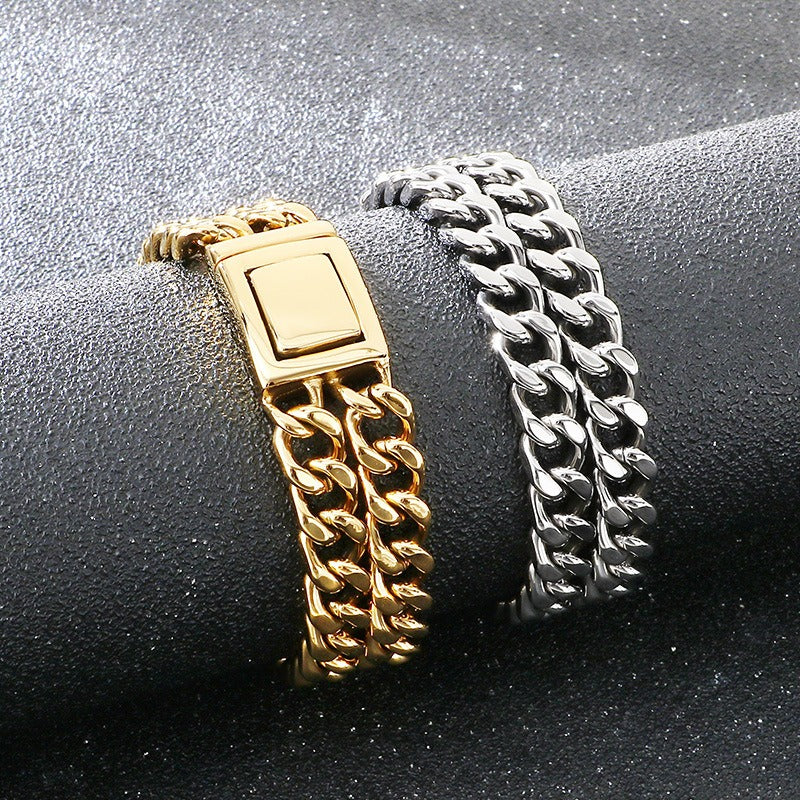Kemstone Double Layer Cuban Chain Bracelet Titanium Steel Thick Link for Men Gold Silver KB184825-KJX