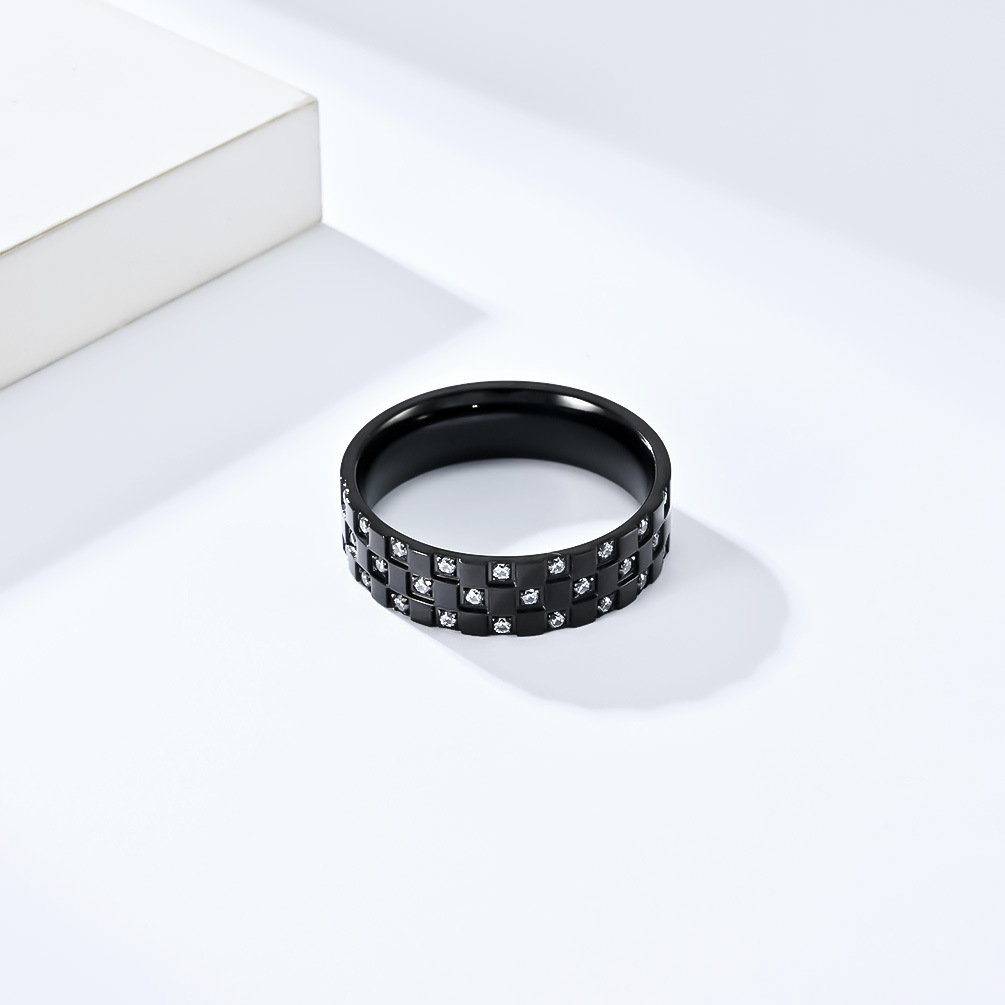 Kemstone Titanium Steel Grid Cubic Zirconia Ring Geometric Design for Men Women K-R743