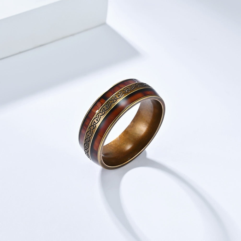 Kemstone Celtic Knot Wood Inlay Stainless Steel Ring for Men & Women K-R1026