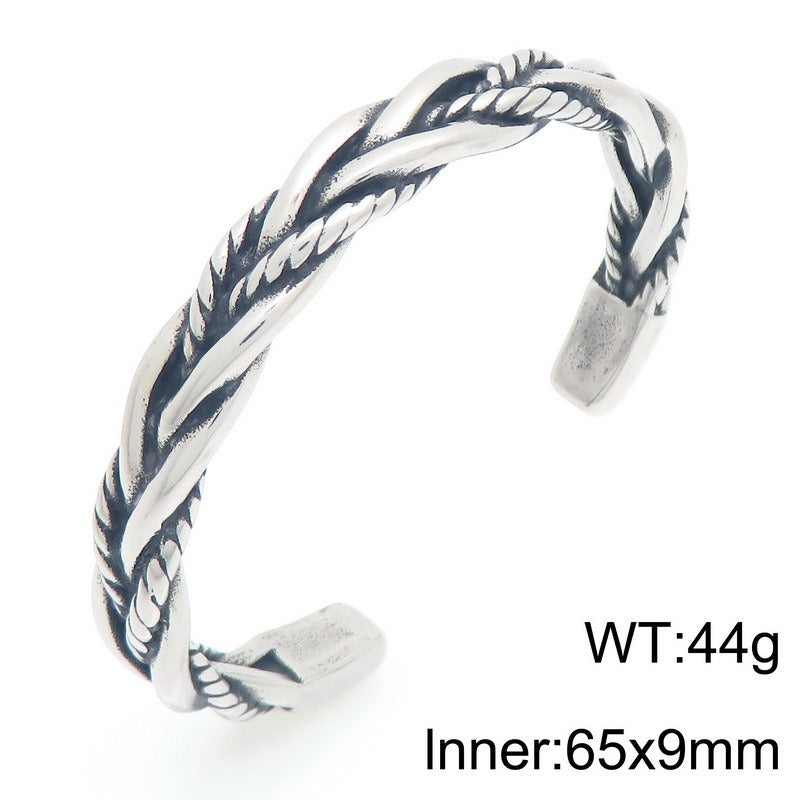 Kemstone Titanium Steel Leaf Braided Cuff Bracelet Vintage Open Style for Men KB209293-LU