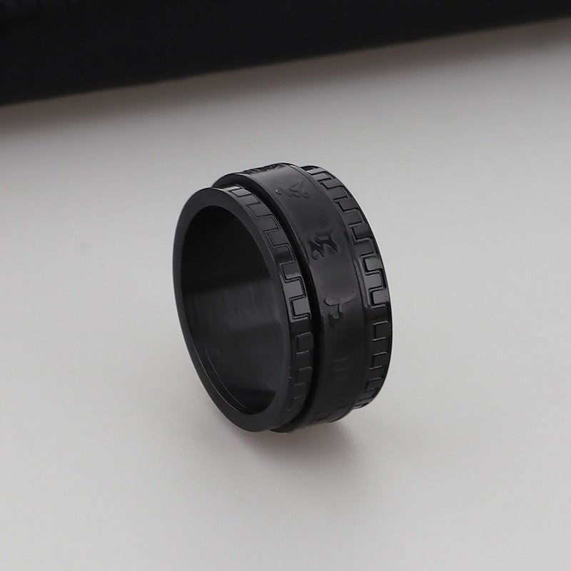 Kemstone Rotating Mantra Ring - Stainless Steel Hexagram Engraved Band with Textured Edges for Stress Relief & Positive Flow KR37988-K