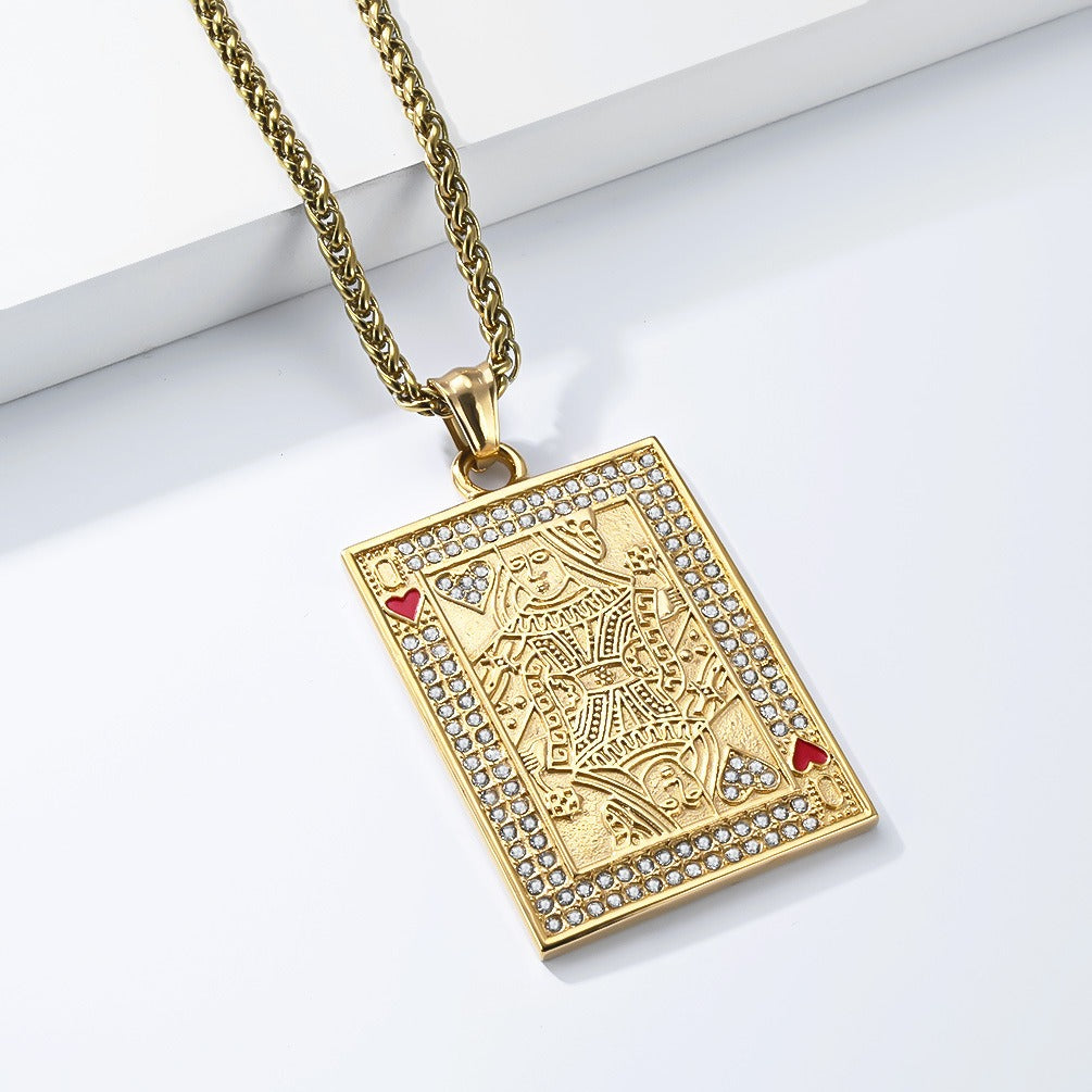 Kemstone Stainless Steel Playing Card Pendant Necklace for Men Women Iced Heart King K-PT719