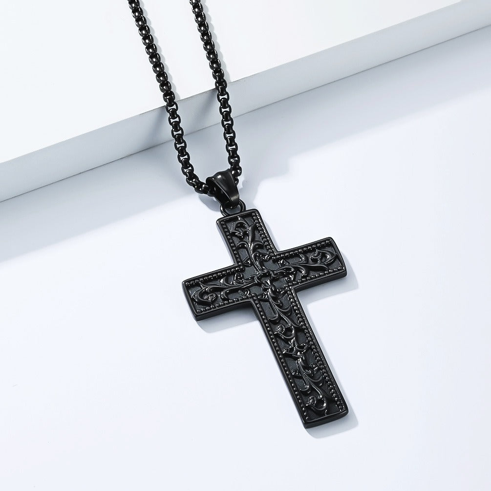 Kemstone Vintage Floral Engraved Cross Stainless Steel Pendant Necklace for Men K-PT703