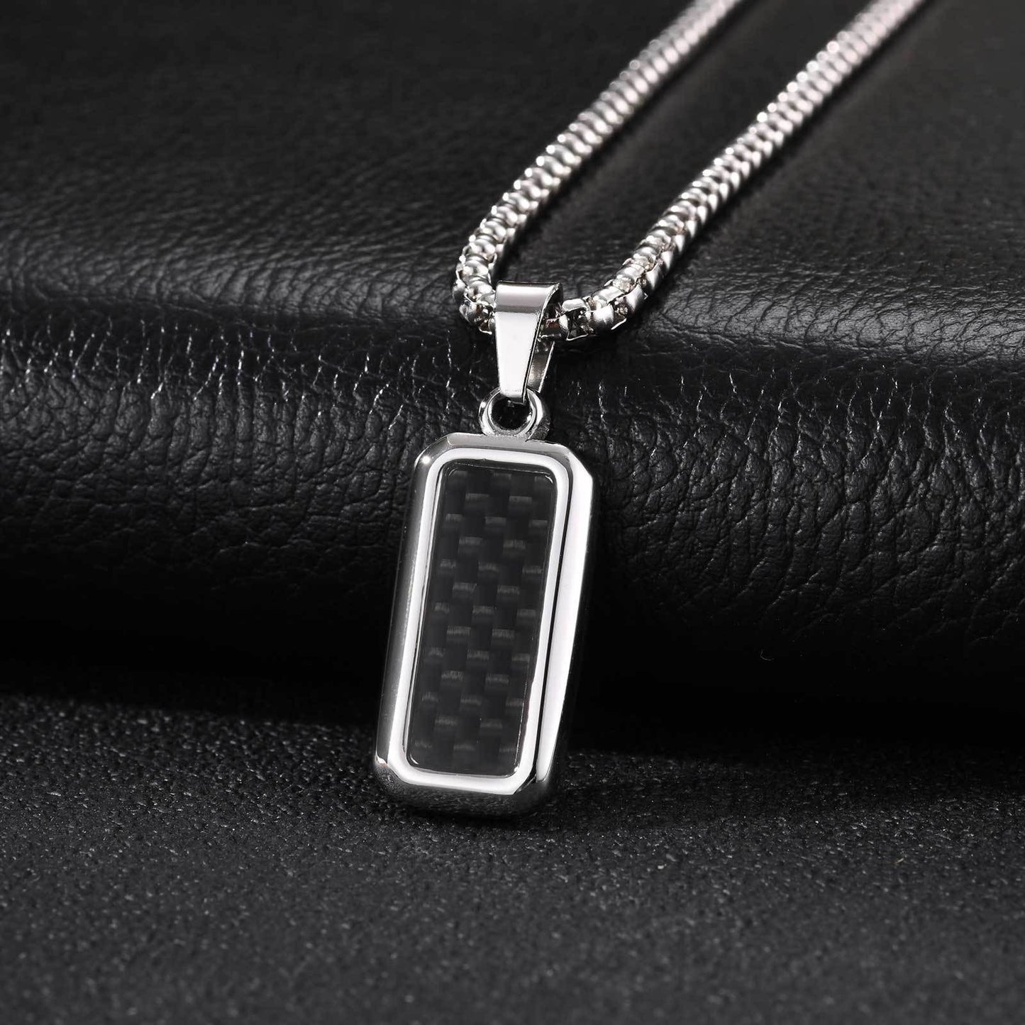 Kemston Carbon Fiber Pendant Necklace for Men Stainless Steel Black Rectangle Design PN-2319