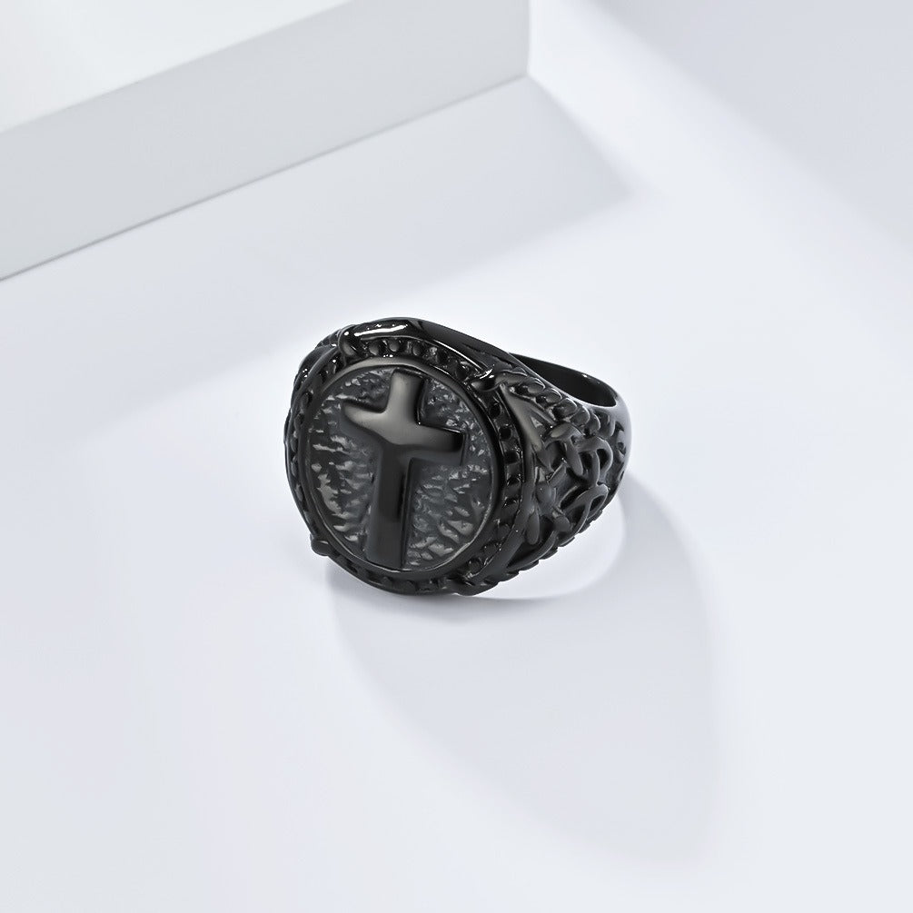 Kemstone Cross Signet Ring Stainless Steel Vintage Textured Silver Gold Black for Men K-R845