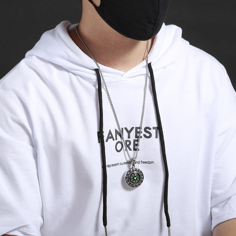 Kemstone Titanium Steel Compass Skull Pendant Necklace for Men Vintage Round Design KP55736-BD