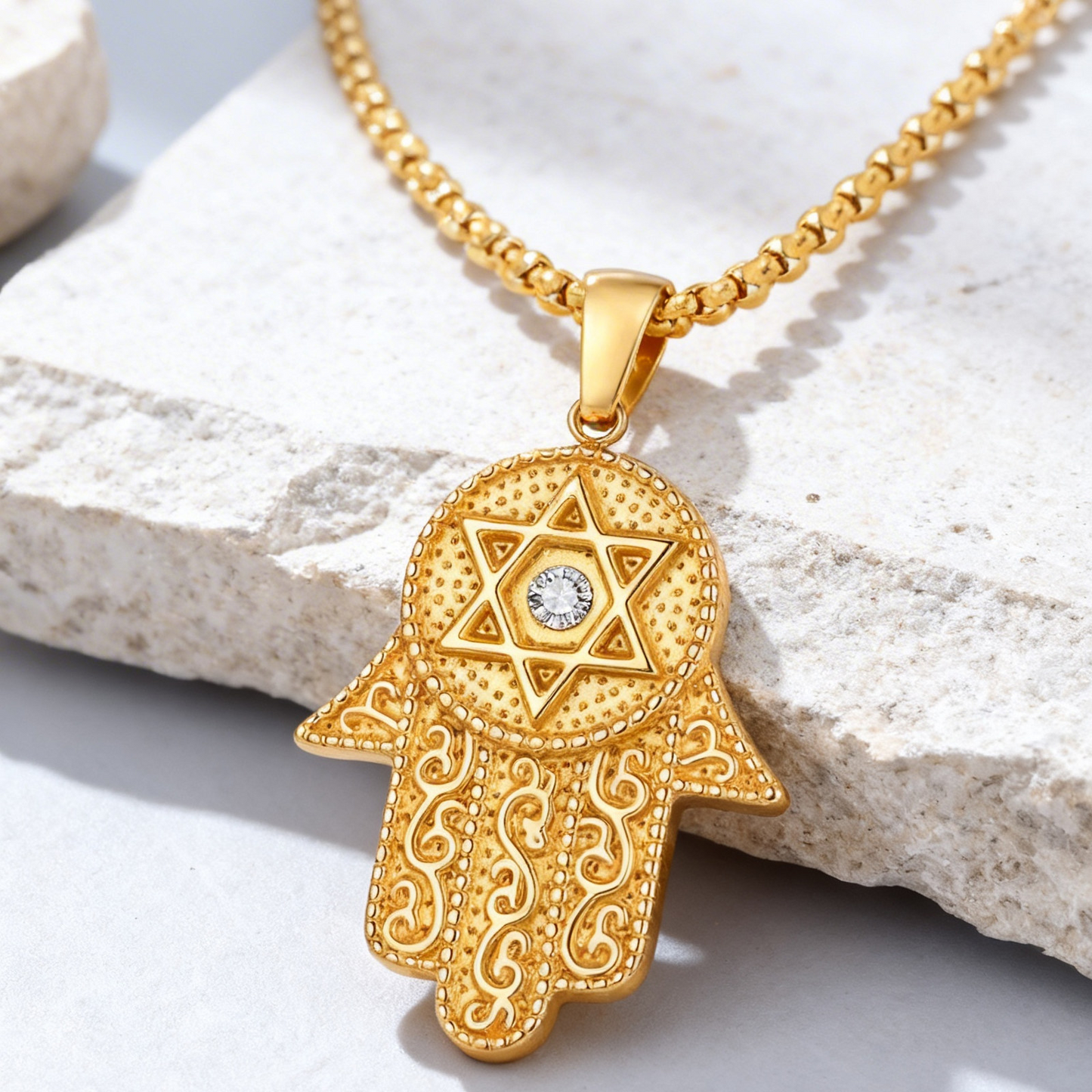Kemstone Hand Pendant Necklace Gold Plated Stainless Steel Star Symbol Cubic Zirconia for Men Women PN-2337