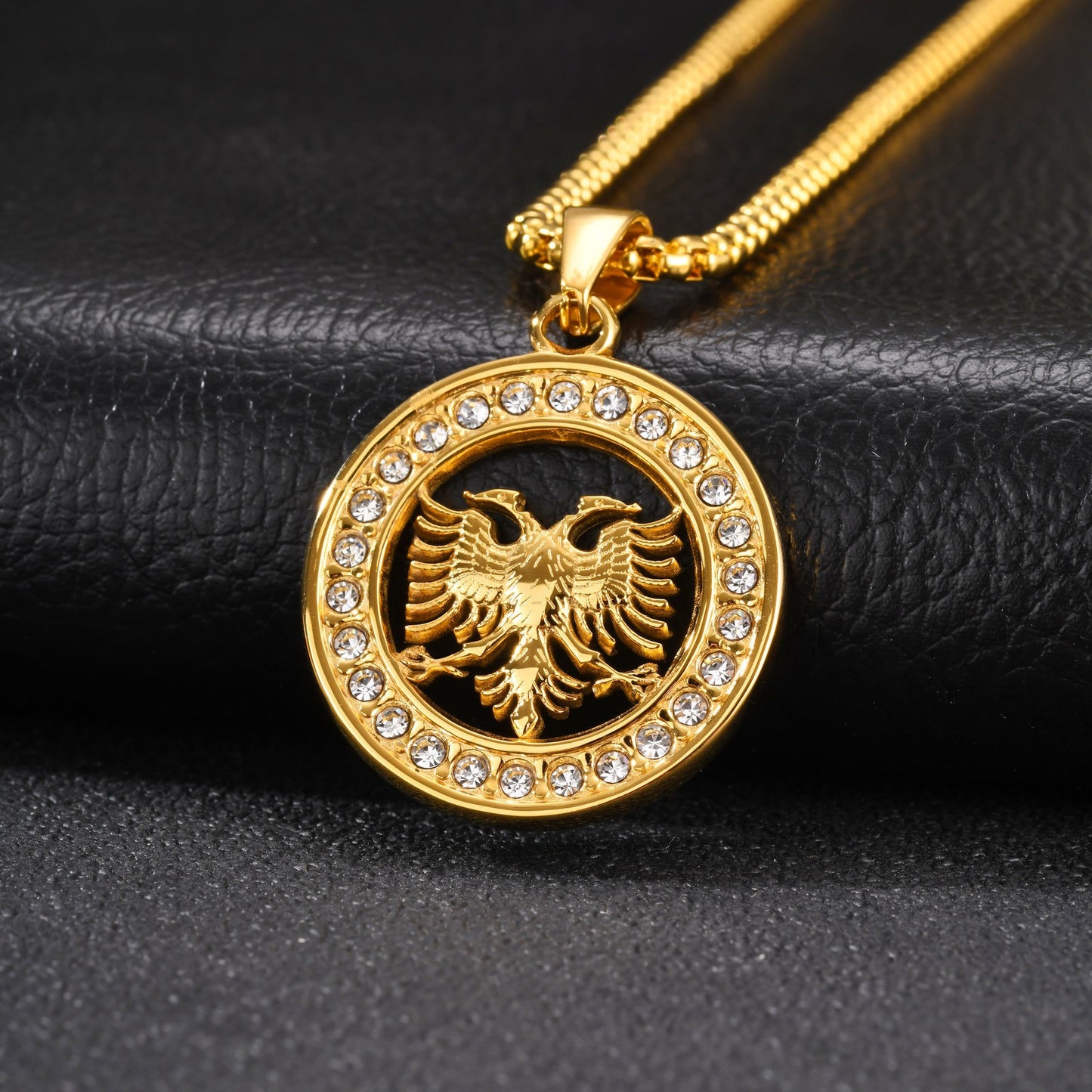 Kemstone Double Headed Eagle Pendant Necklace for Men Stainless Steel Round Medallion PN-2427