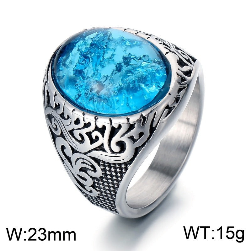 Kemstone Viking Rune Ring – Cracked Stone Titanium Steel Band for Men, Norse Mythology Gothic Style KR110138