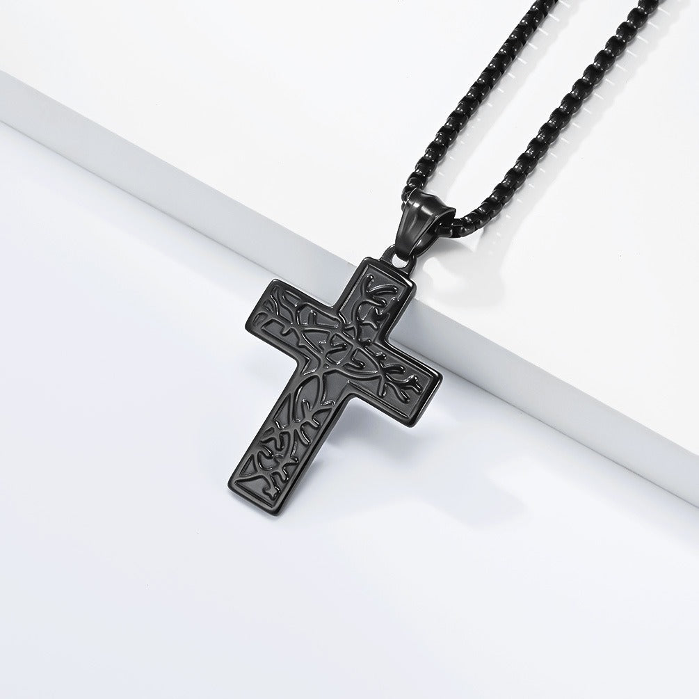 Kemstone Stainless Steel Cross Pendant Necklace for Men Vintage Engraved Tree of Life Lightweight K-PT725