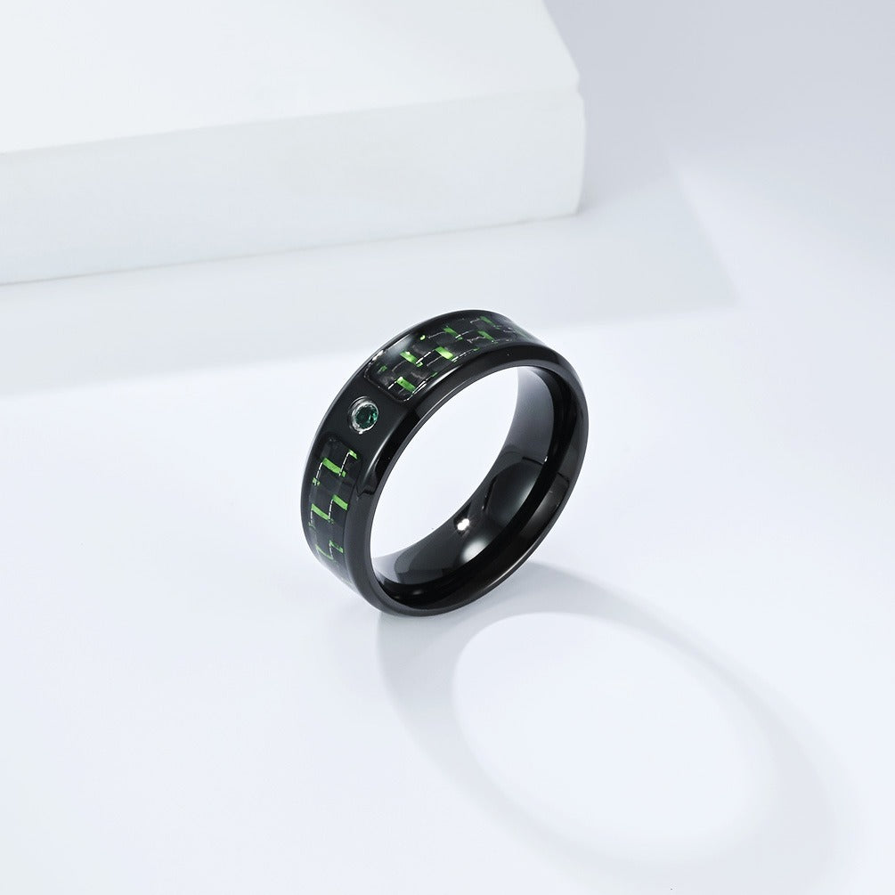 Kemstone Men’s Stainless Steel Cubic Zirconia Carbon-Fiber Ring – Black 8mm Modern K-R1098