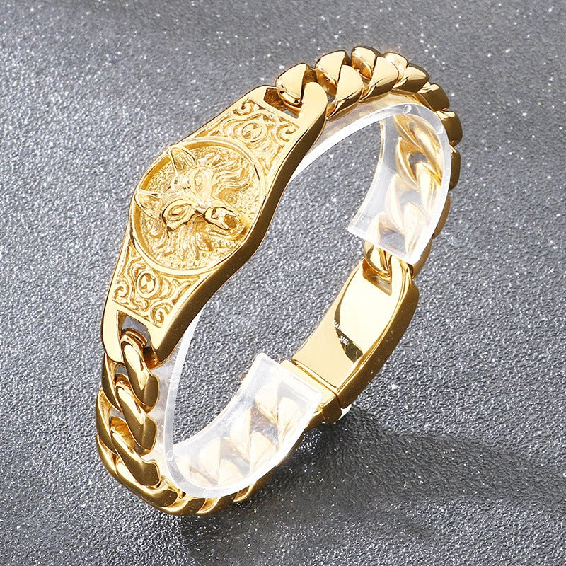 Kemstone Men’s Wolf Head Bracelet – Titanium Steel Cuban Chain 220mm KB205184-KJX