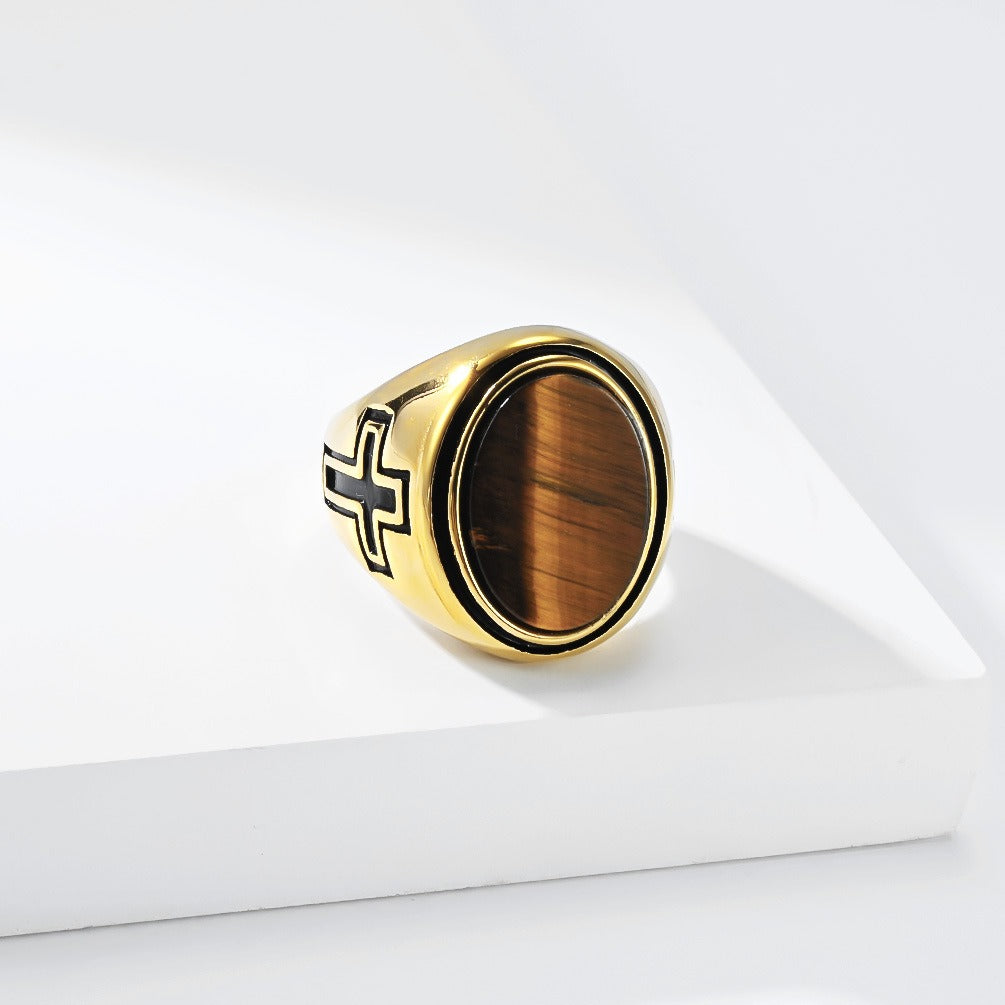 Kemston Oval Stone Signet Ring for Men Stainless Steel Engraved Cross K-R1202
