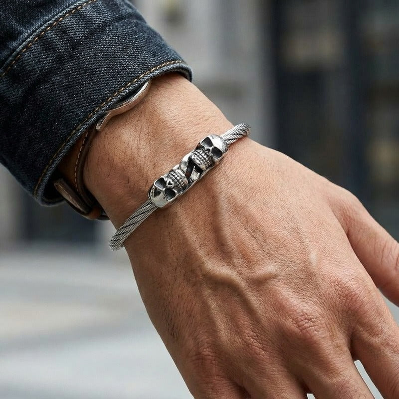Kemstone Titanium Steel Double Skull Cable Bracelet for Men KB86274-BD