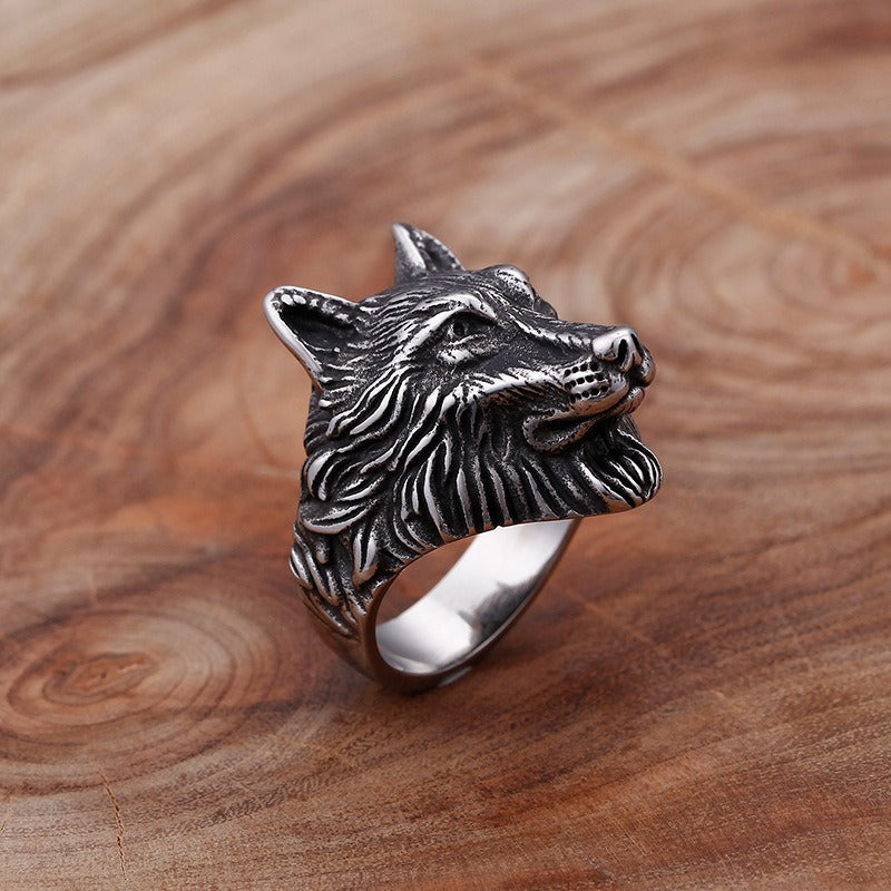 Kemstone Vintage Viking Wolf Head Titanium Steel Ring & Double Wolf Head Chain Bracelet Set - Punk Celtic Knot Adventure Jewelry for Men 	KR48275