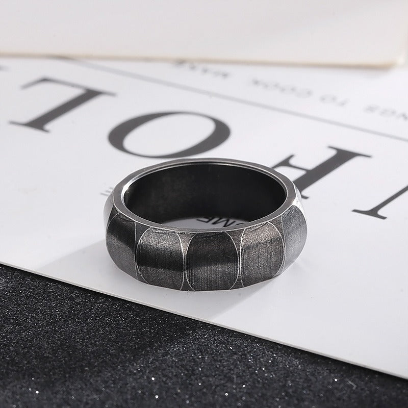 Kemstone Matte Black Gothic Ring – Titanium Steel Geometric Band for Men | Dark Vintage Street Style KR100827-KFC
