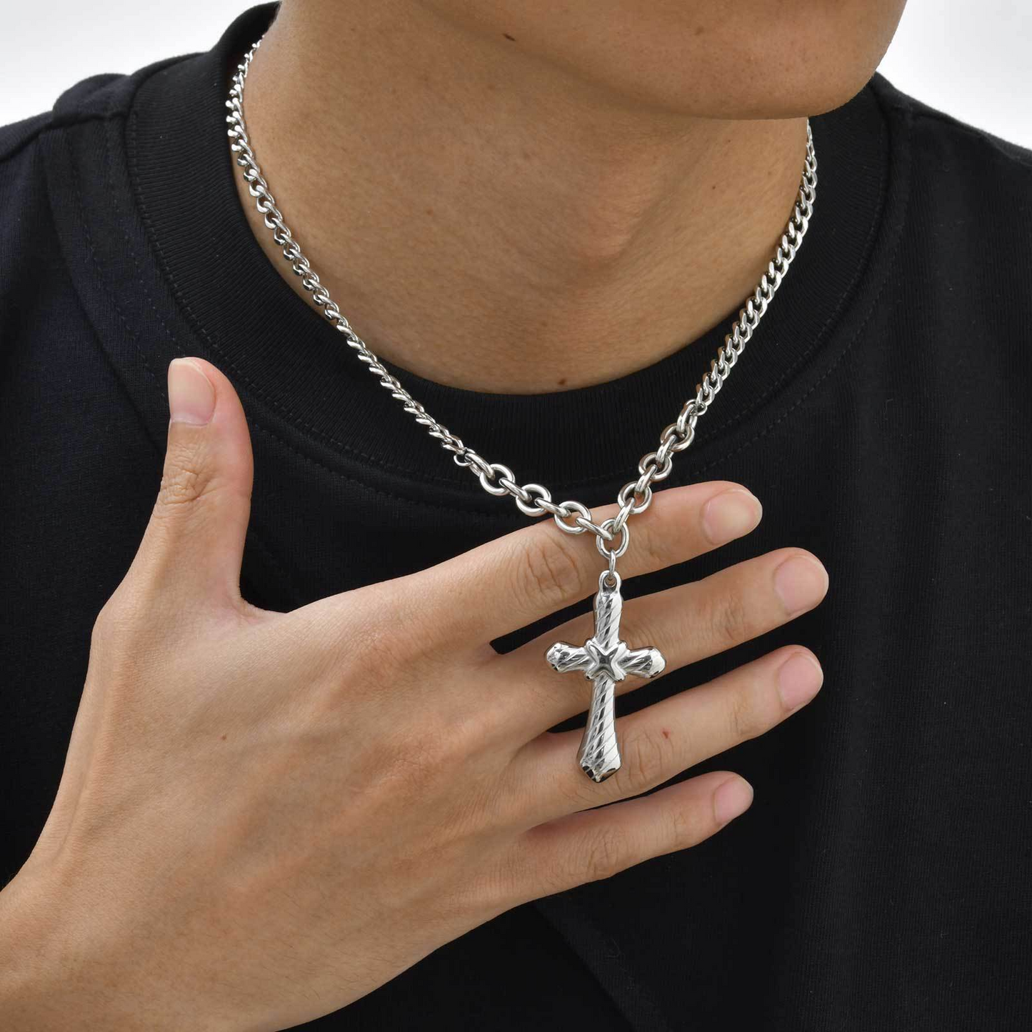 Kemstone Stainless Steel Cross Chain Necklace for Men – Double-Sided Polished Design NC-2164