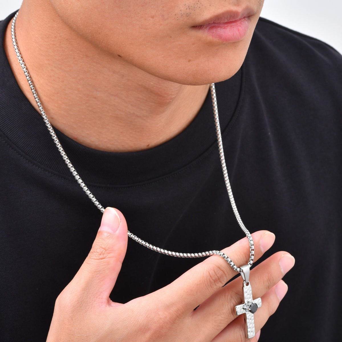 Kemstone Stainless Steel Hammered Cross Necklace for Men Cubic Zirconia Center PN-247