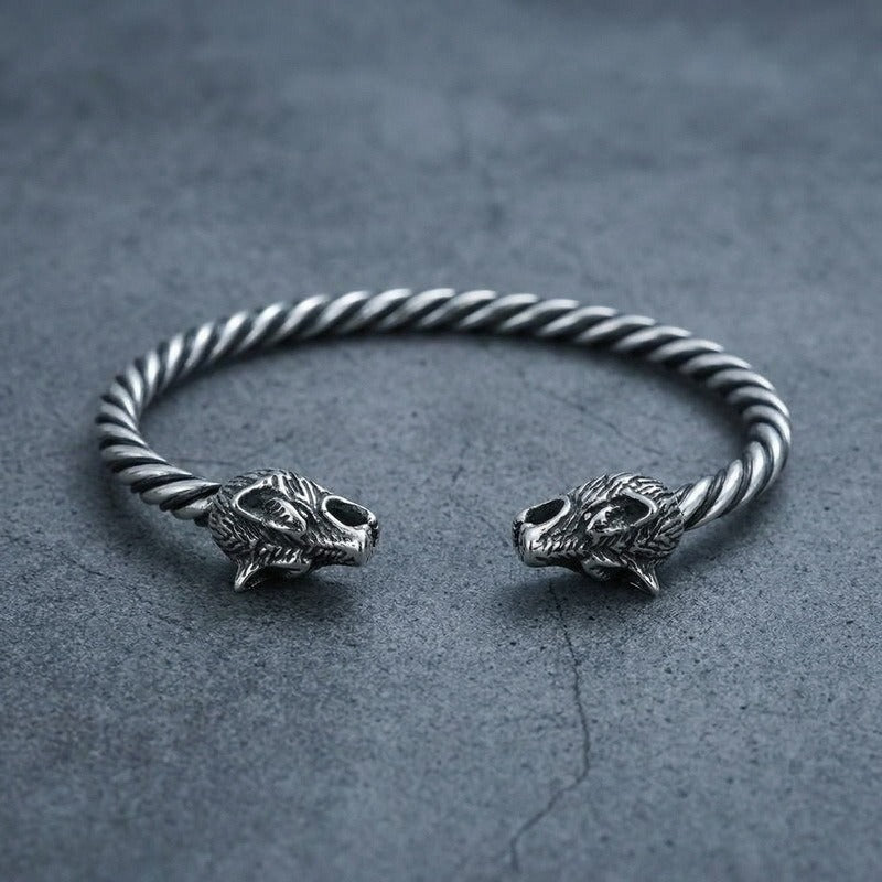 Kemstone Stainless Steel Viking Wolf Skull Cuff Bracelet for Men Twisted Rope Open Bangle KB96851-BD