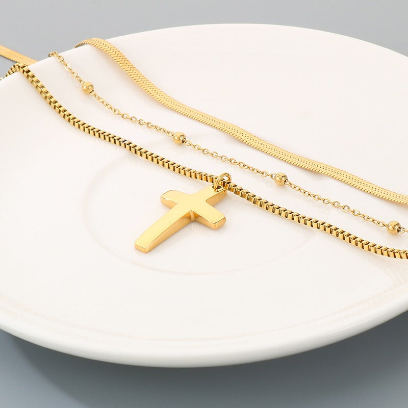 Kemstone Titanium Steel Cross Pendant Multi Chain Necklace Snake Chain Box Chain for Men & Women Gold Silver KN292221-Z