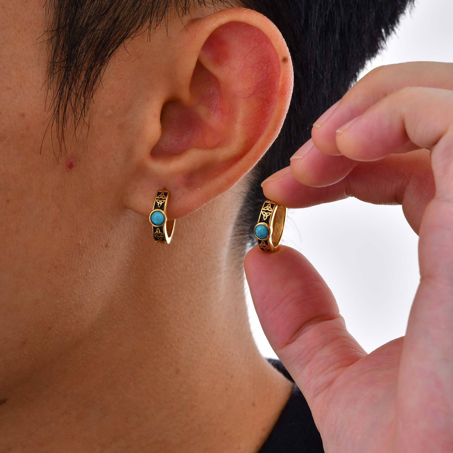 Kemstone Men’s Stainless Steel Turquoise Hoop Earrings Celtic Knot  EH-748