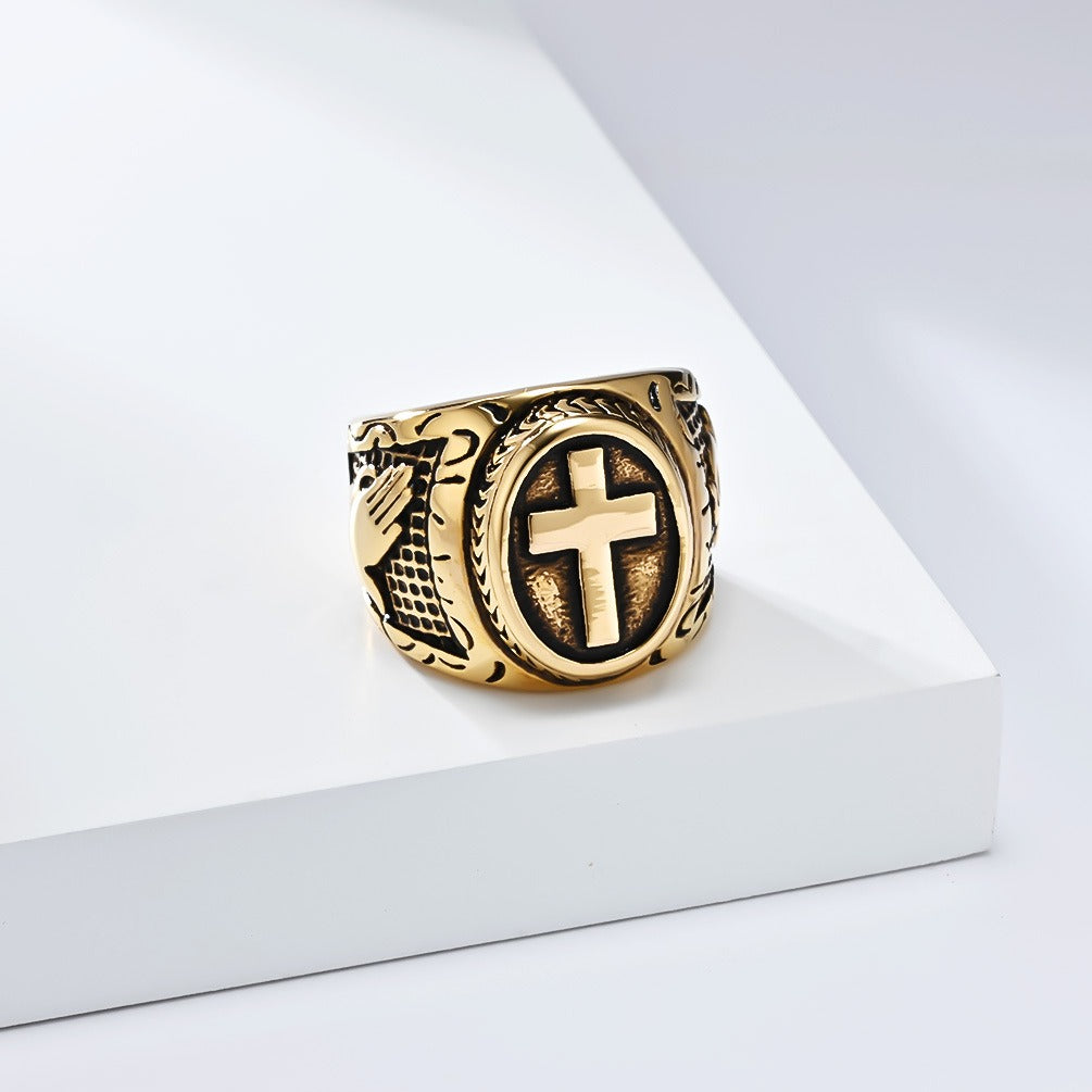 Kemstone Stainless Steel Vintage Cross Signet Ring for Men K-R958