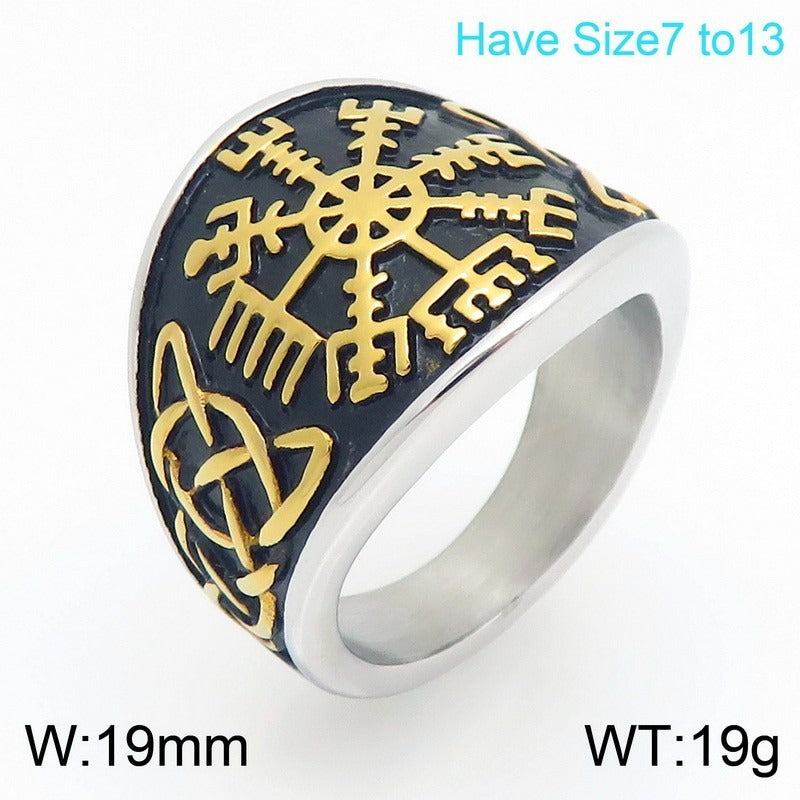 Kemstone Viking Rune Signet Ring for Men Titanium Steel Compass Celtic Knot Wide Band Silver Gold KR114478-MZOZ