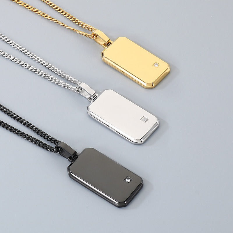 Kemstone Titanium Steel Tag Pendant Necklace for Men Minimalist Rectangular Cubic Zirconia KN301519-KFC