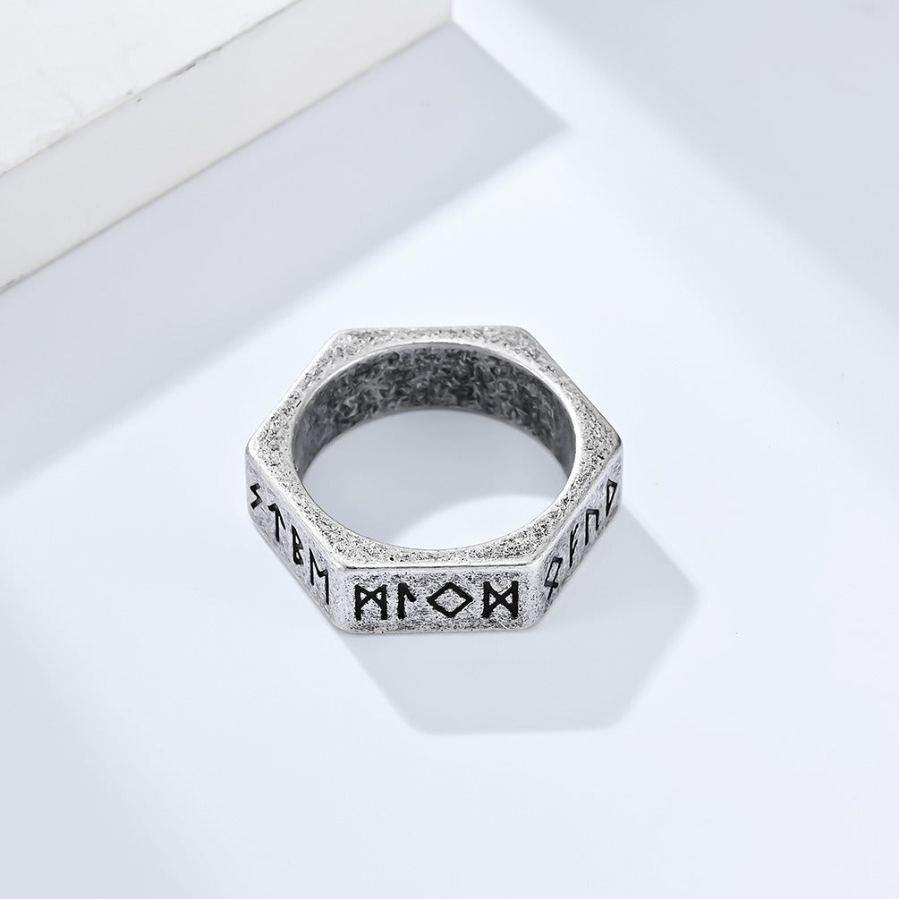 Kemstone Titanium Steel Rune Ring – Nordic Viking Hex Nut Design K-R703
