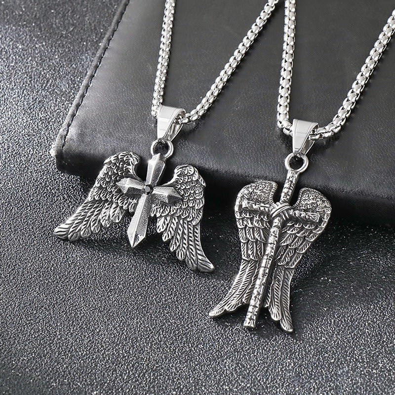 Kemstone Men’s Angel Wing Cross Necklace – Titanium Steel Gothic Pendant KP116184-MZOZ