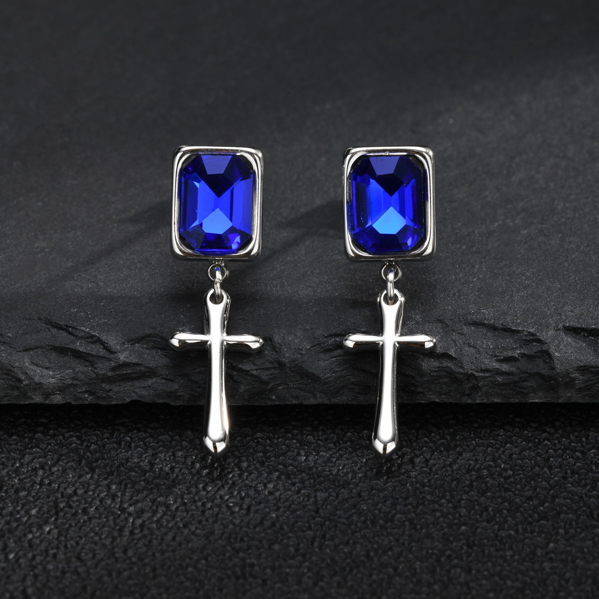 Kemstone Blue Crystal Cross Earring for Men Stainless Steel ED-1148