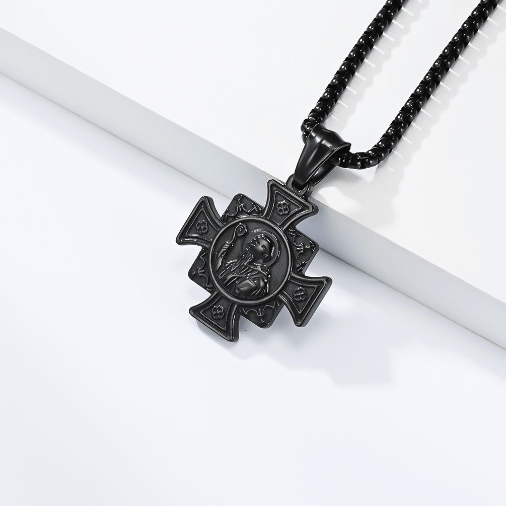 Kemstone Titanium Steel Cross Pendant Necklace for Men Vintage Engraved Medallion Silver Gold Black K-PT710