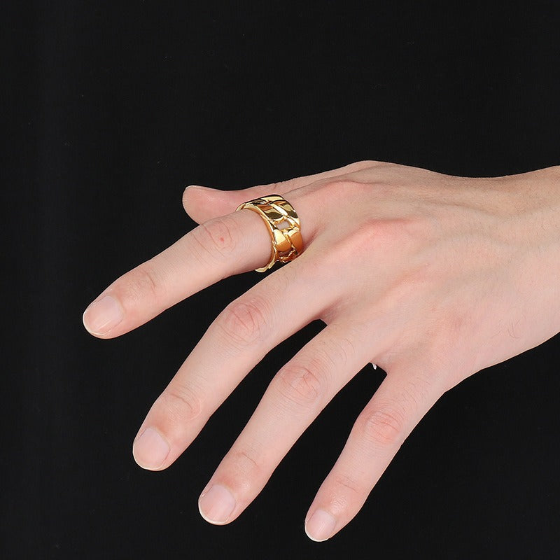 Kemstone Titanium Steel Cuban Link Ring – Wide Hollow Band for Men KR112494-KJX