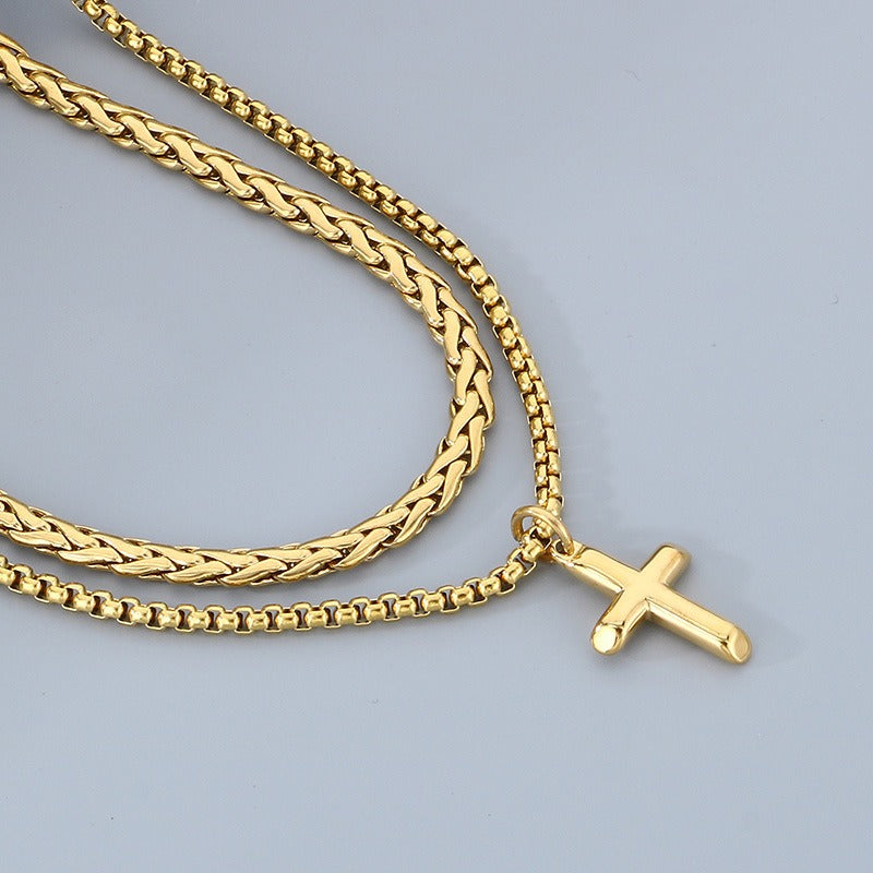 Kemstone Titanium Steel Cross Pendant Necklace for Men, Layered Box Chain Double Chain Gold Silver Black KN283141-KFC