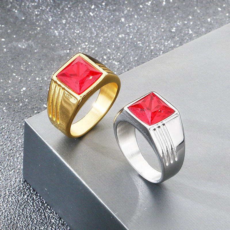 Kemstone Titanium Steel Square Red Stone Signet Ring for Men Vintage Gold Silver KR114482-MZOZ