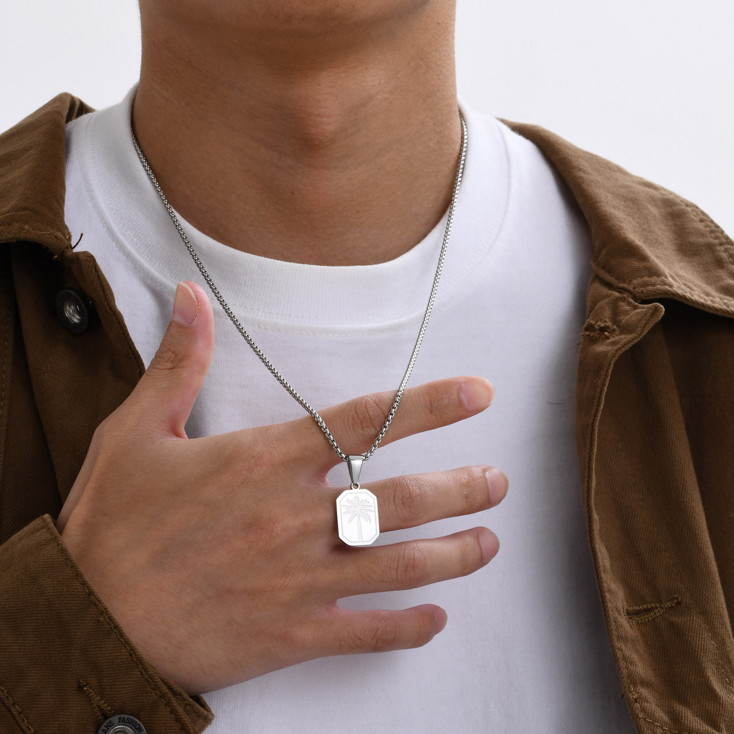 Kemstone Stainless Steel Palm Tree Pendant Necklace – Etched Rectangle Tag, Gold Silver PN-1990
