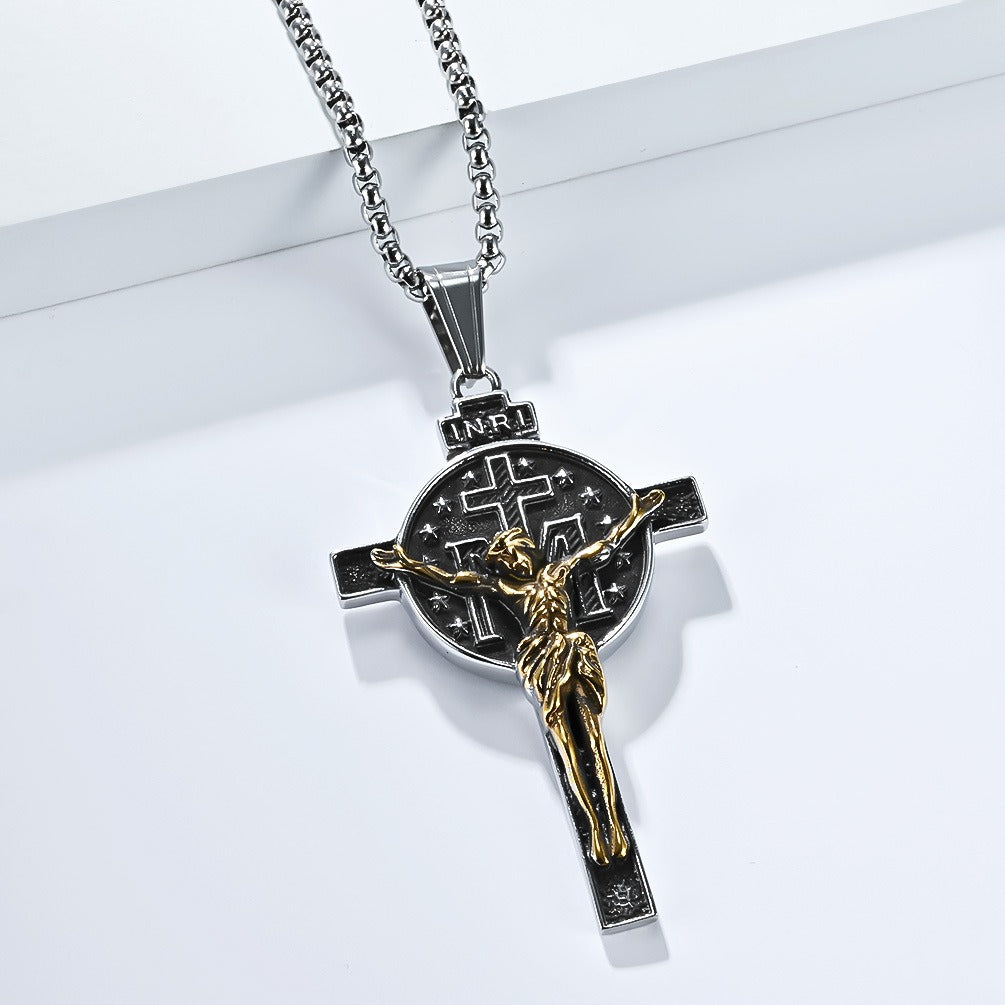 Kemstone Men’s Titanium Steel Cross Necklace – Vintage Relief Pendant K-PT641