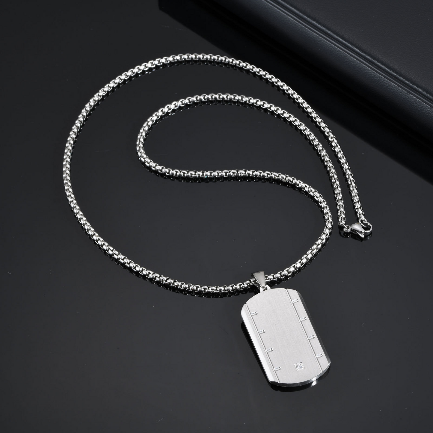 Stainless Steel Square Pendant Necklace for Men – Beveled Edge with Single Cubic Zirconia PN-2109