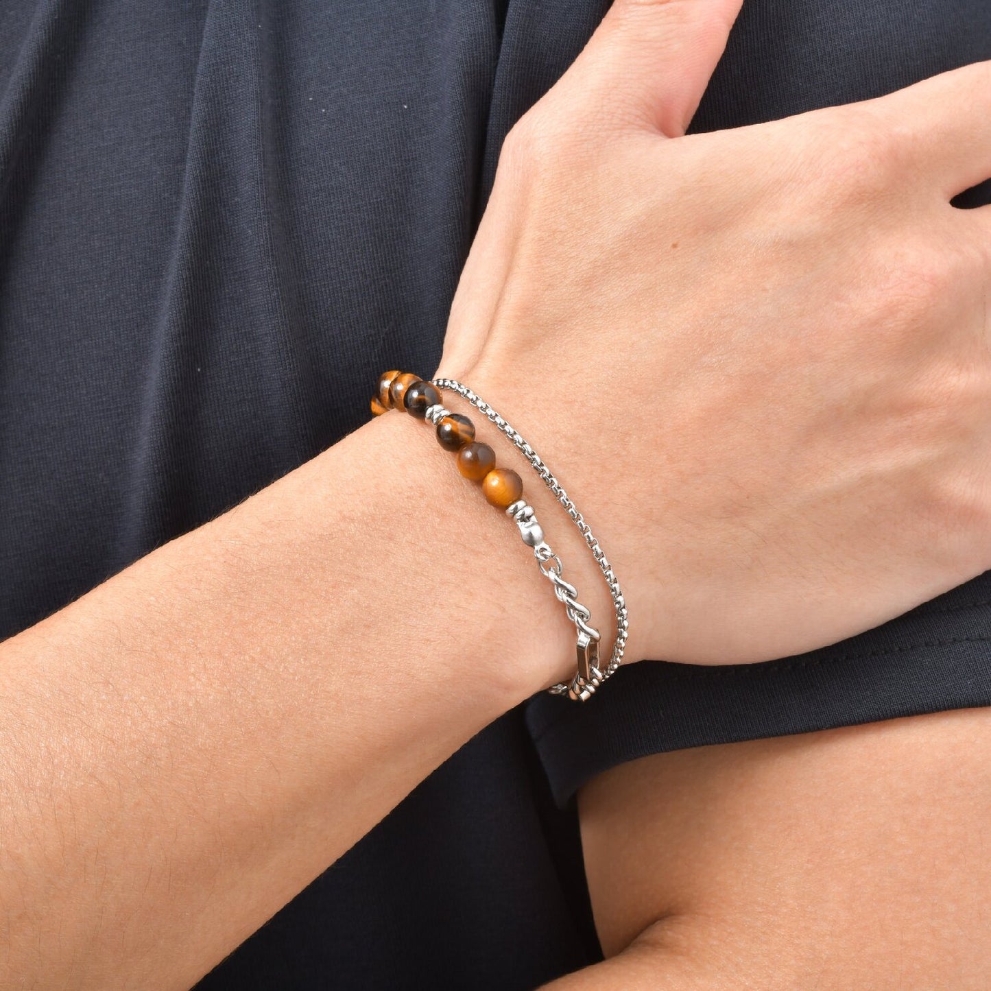 Kemstone Tiger Eye Beaded Bracelet for Men Stainless Steel Layered Chain BR-2922
