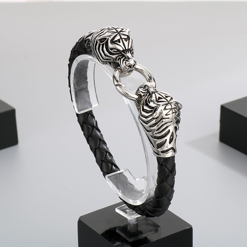 Kemstone Titanium Steel Leather Bracelet for Men Vintage Dragon Tiger Anchor Clasp KB87977-BD