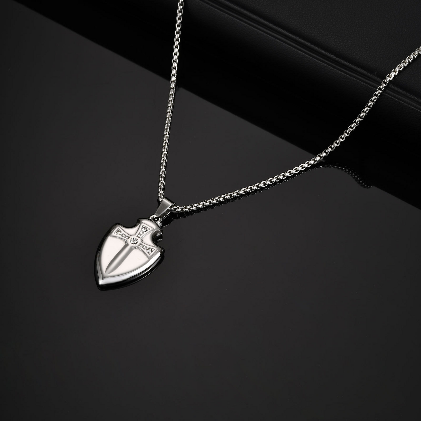 Kemstone Stainless Steel Shield Pendant Necklace for Men Cubic Zirconia Sword Design PN-2177