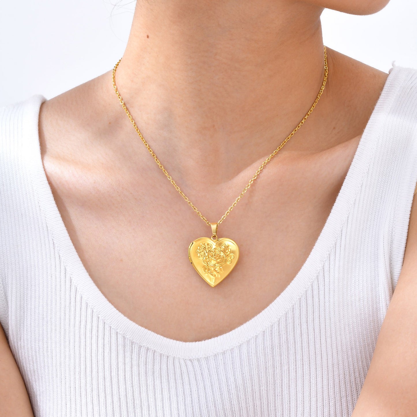 Collar con colgante de foto de corazón de rosa de acero inoxidable para mujer - Regalo de joyería grabado personalizado, elegante recuerdo para sus seres queridos PN-2093