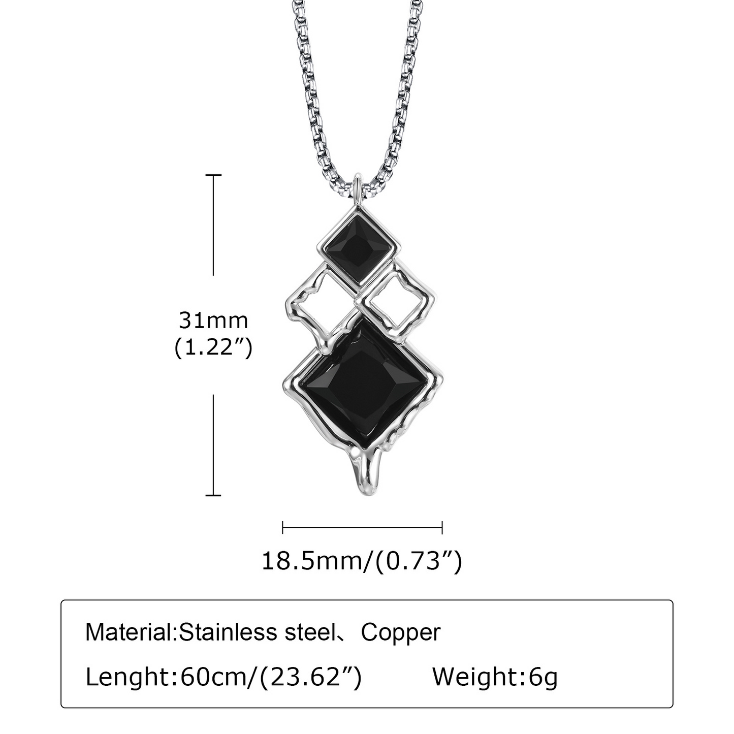 Kemstone Men’s Silver Geometric Pendant Necklace with Black Enamel PNB-192