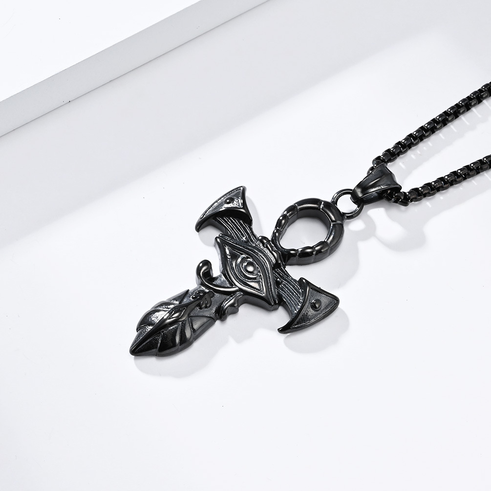 Kemstone Stainless Steel Horus Eye Ankh Cross Pendant Necklace for Men - Vintage Design K-PT507