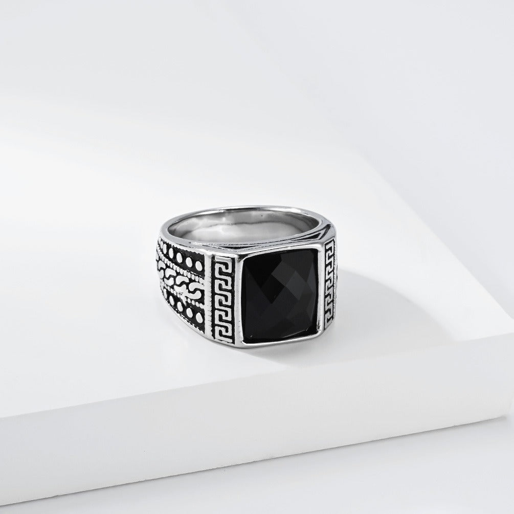 Kemston Stainless Steel Engraved Square Stone Signet Ring for Men R7007
