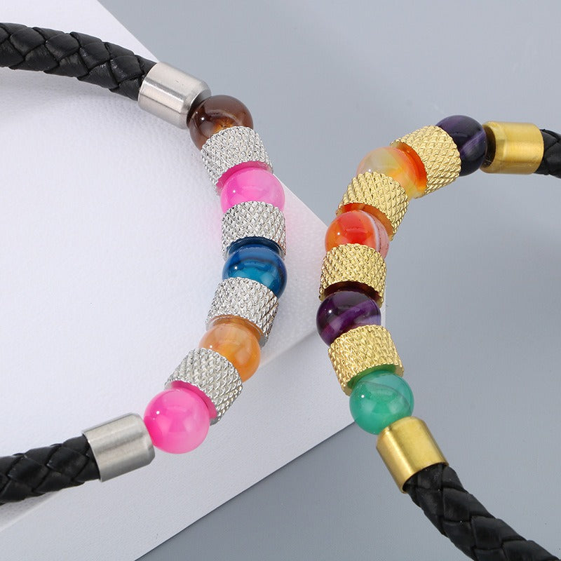 Kemstone Braided Faux Leather Quartz Bead Bracelet for Men KB179957-YA