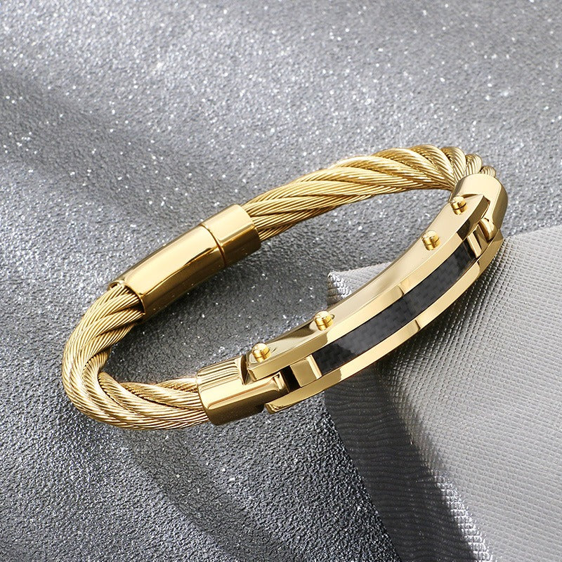 Kemstone Carbon Fiber Curved Plate Bracelet for Men – Titanium Steel with Vintage Wire Design KB210557-KFC
