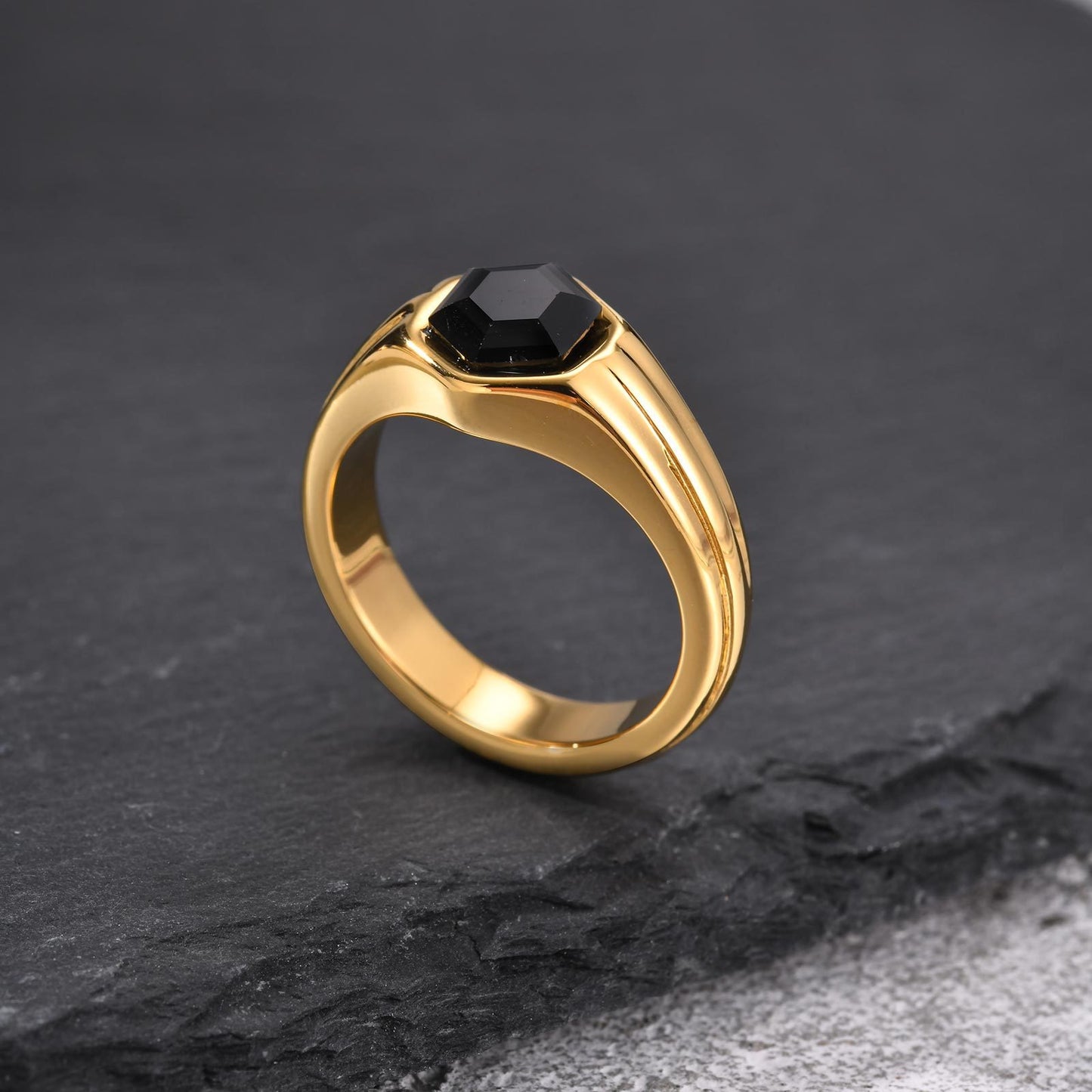Kemstone Stainless Steel Hexagon Black Zircon Ring for Men RC-985
