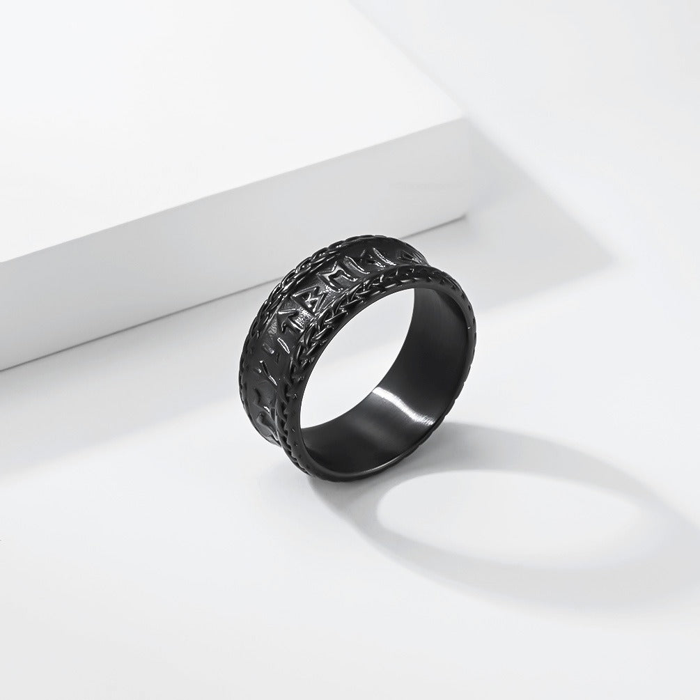 Kemstone Stainless Steel Viking Rune Ring for Men Wide Engraved Silver Gold Black K-R1151